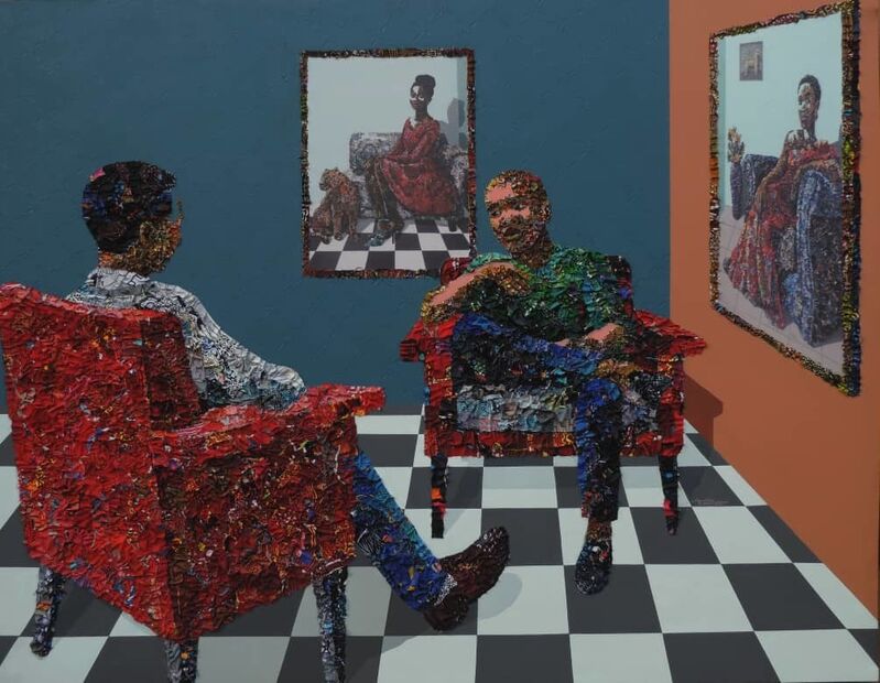 Marcellina Akpojotor, ‘In Her  Space’, 2019, Mixed Media, Fabric, Digital Print, Acrylic on canvas, Rele