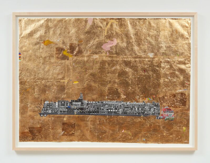 William Cordova, ‘constellations (independent intavenshah 4 Kwesi J.)’, 2019, Drawing, Collage or other Work on Paper, Oil paint, graphite, ink, collage, gold leaf on reclaimed arches paper, Sikkema Jenkins & Co.