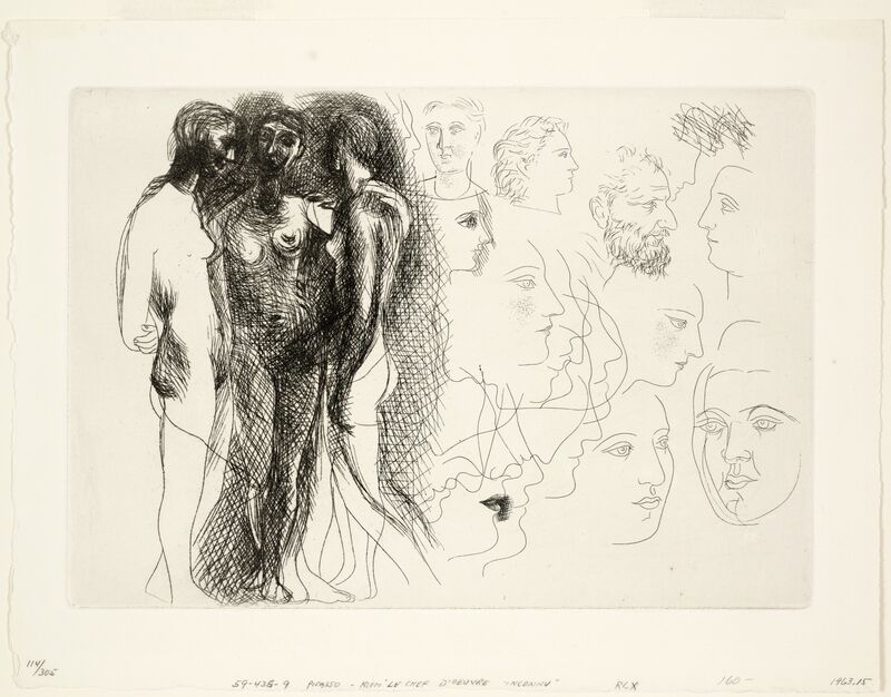 Pablo Picasso, ‘Three Standing Nudes, at Right, Sketches of Heads (Trois nus debout, à droite esquisses de têtes), plate IX from The Unknown Masterpiece (Le Chef d'Oeuvre Inconnu) by Honoré Balzac’, 1927, Print, Etching, Dallas Museum of Art