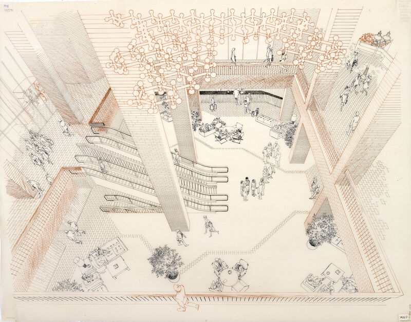 Carlos Diniz, ‘Broadway Plaza, Los Angeles - Hotel Lobby (D) (Architect, Charles Luckman & Associates)’, 1973, Painting, Ink on vellum, Edward Cella Art and Architecture
