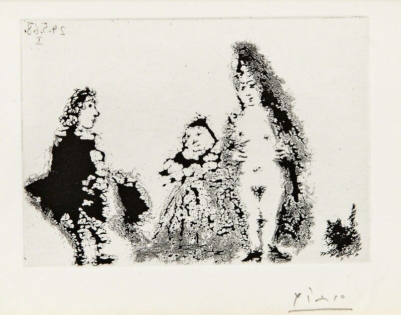 Pablo Picasso, ‘Célestine et fille, avec un chat et un jeune client 1968, plate 107 from the series 347 Gravures’, 1969, Print, Aquatint on wove paper, Skinner