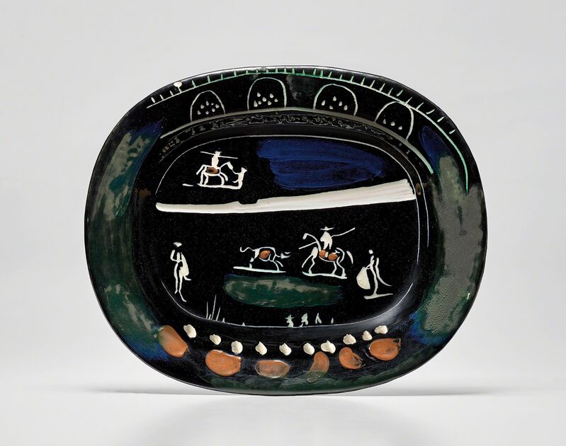 Pablo Picasso, ‘Corrida verte (Green Bullfight)’, 1949, Design/Decorative Art, White earthenware rectangular dish, painted in colours with engraving, coloured engobe and partial brushed glaze., Phillips