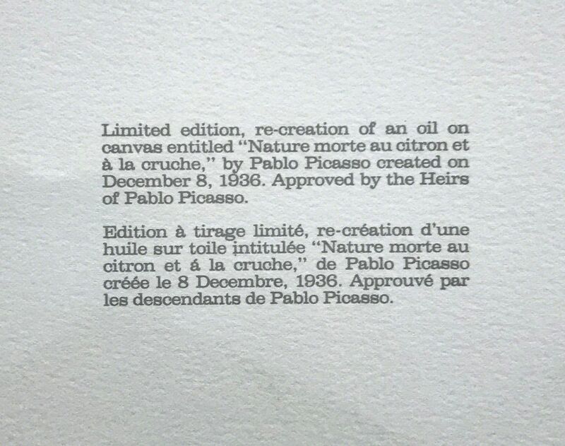 Pablo Picasso, ‘NATURE MORTE AU CITRON ET A LA CRUCHE’, 1979-1982, Reproduction, LITHOGRAPH ON ARCHES PAPER, Gallery Art