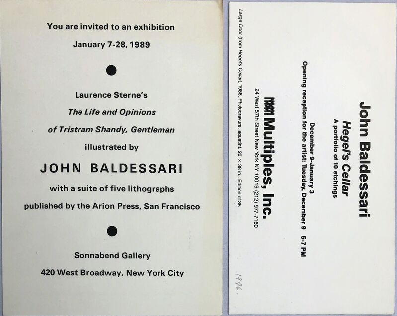 John Baldessari, ‘John Baldessari set of 2 vintage gallery announcements ’, 1989 & 1996, Ephemera or Merchandise, Offset printed invitation, Lot 180 Gallery