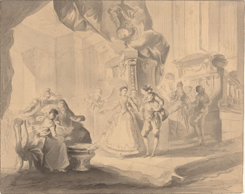 Luis Paret y Alcázar, ‘Dance in a Palace’, ca. 1770/1775, Drawing, Collage or other Work on Paper, Pen and black ink with gray wash over graphite and squared in graphite on laid paper, National Gallery of Art, Washington, D.C.