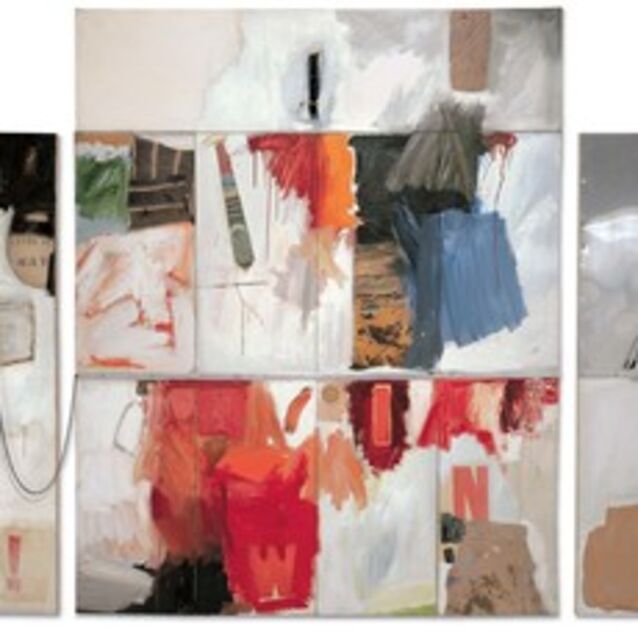 Robert Rauschenberg, ‘Trophy II (for Teeny and Marcel Duchamp)’, 1960, Combine: oil, charcoal, paper, fabric, printed paper, printed reproductions, necktie, sheet metal, and metal spring on seven canvases with chain, spoon, and water-filled plastic drinking glass on wood, Robert Rauschenberg Foundation