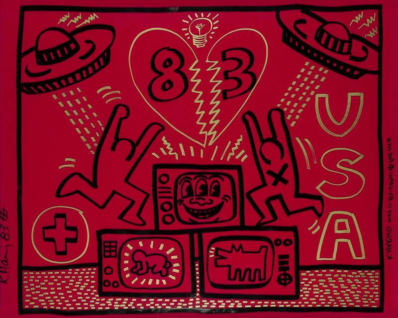 Keith Haring, ‘Untitled’, 1983, Painting, Acrylic and gold paint marker on red Plexiglass, Heritage Auctions