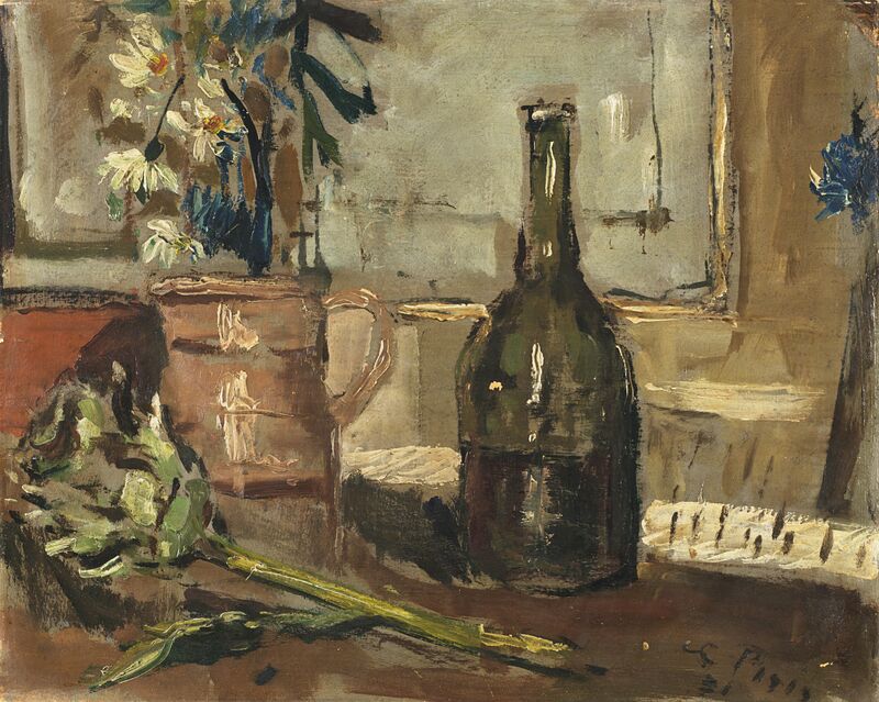 Filippo De Pisis, ‘Natura morta con bottiglia e carciofo’, 1931, Painting, Oil on Cardboard, Il Ponte