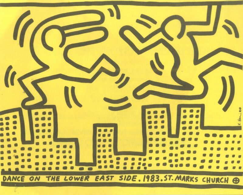 Keith Haring, ‘Dance on the Lower East Side (from the Estate of Tim Hunt, curator of the Warhol Foundation)’, 1983, Print, Rare color offset lithograph folded invitation. unframed, Alpha 137 Gallery Gallery Auction