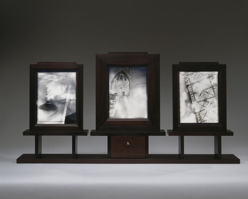 Muriel Hasbun, ‘Protegida/Watched Over: Auvergne—Ave Maria (triptych III)’, 2003, Photography, 3 gelatin silver prints, fabric, and Ixcanal thorns in a wooden frame construction with drawer, RoFa Projects