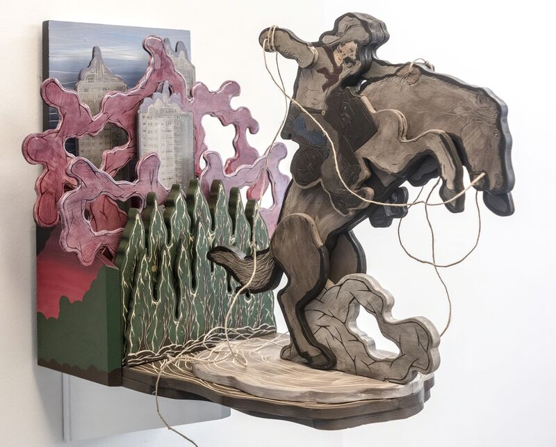 Jörg Heikhaus aka Alex Diamond, ‘The Bronco Buster Revisited’, 2017, Sculpture, Woodcut, Wood, Acrylic paint, Resin, heliumcowboy