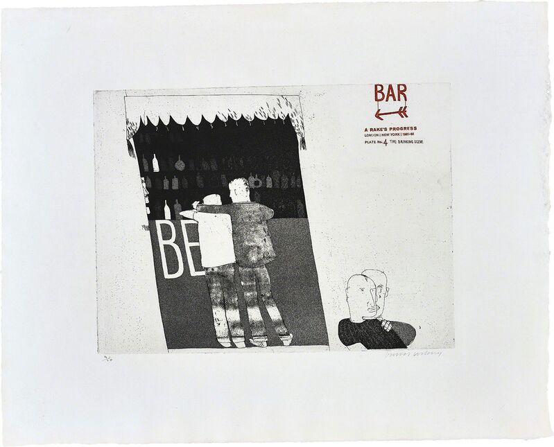 David Hockney, ‘The Drinking Scene, plate 4 from A Rake's Progress’, 1961-63, Print, Etching and aquatint, in black and red, on Crispbrook Royal Hotpress paper, with full margins., Phillips