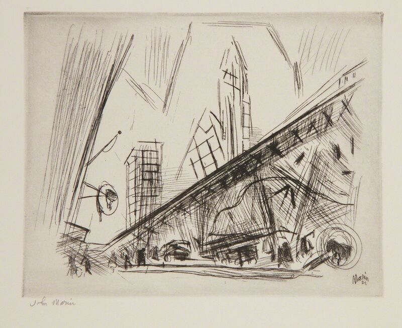 John Marin (1870-1953), ‘Downtown, the El’, 1921, Print, Etching, on wove paper, with full margins, a fine, rich impression, with selectively wiped platetone, Phillips
