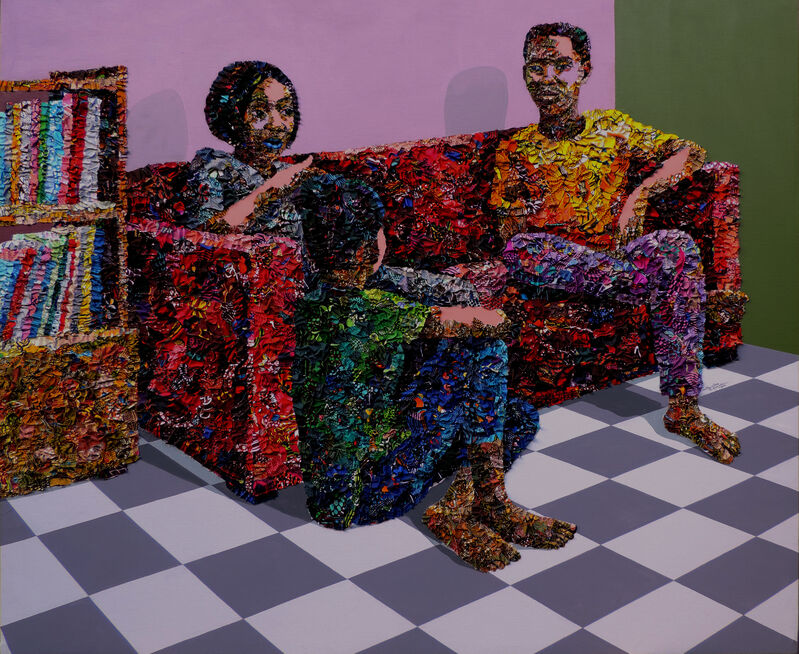 Marcellina Akpojotor, ‘Red Couch Talk’, 2019, Mixed Media, Fabric, Acrylic on Canvas, Rele