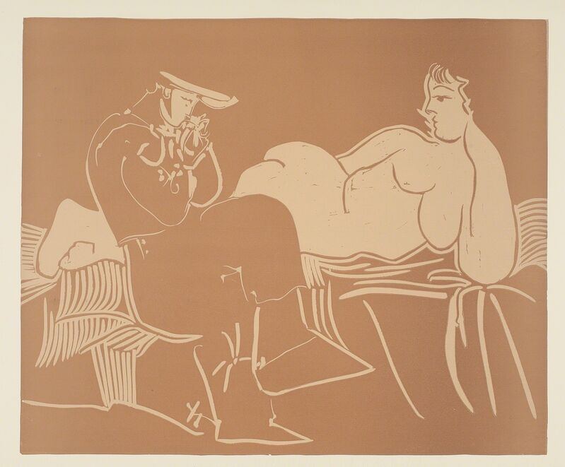 Pablo Picasso, ‘L'Aubade, avec femme accoudée (Ba. 1233)’, 1959, Print, Linoleum cut printed in brown and beige, Sotheby's