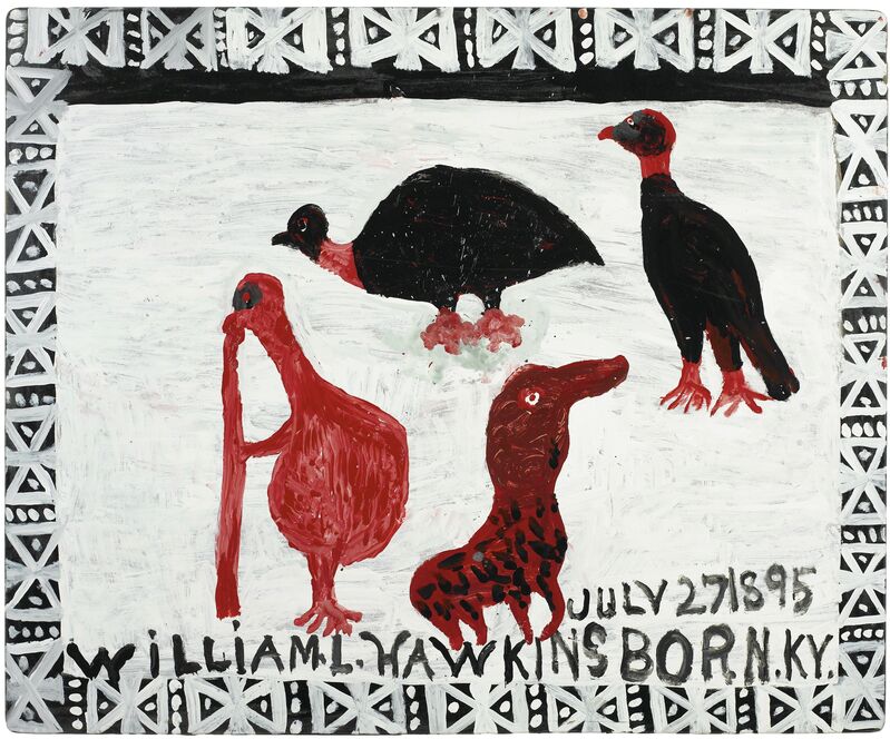 William Hawkins, ‘Four Birds’, 1989, Painting, Enamel on masonite, Ricco/Maresca Gallery