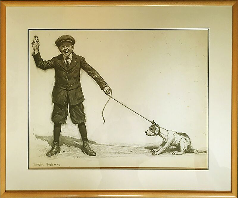 Worth Brehm, ‘Sam pulling his new dog, Walter John’, 20th Century, Drawing, Collage or other Work on Paper, Charcoal on Board, The Illustrated Gallery