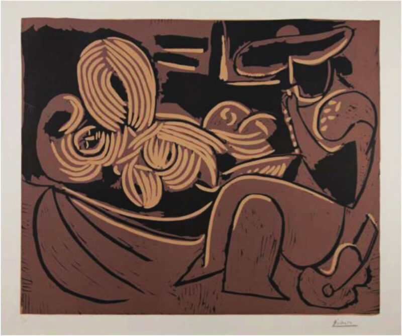 Pablo Picasso, ‘Femme Couchée et Homme a la Guitare’, 1959, Mixed Media, Color linocut.  Signed and numbered 31/50 in pencil, lower margin, LaMantia Fine Art Inc.