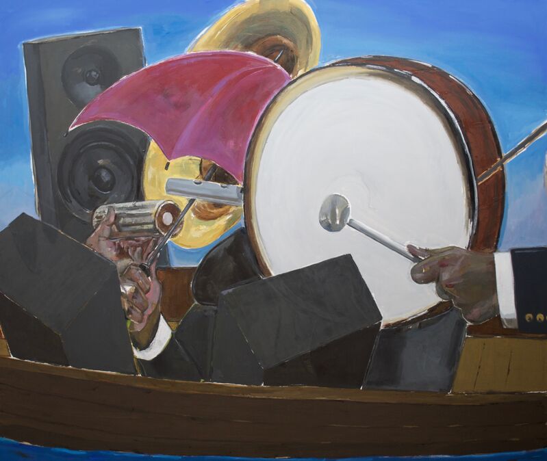 Enrico Riley, ‘Untitled: Music, Rhythmaning, Keeping Time, Time Travelers’, 2020, Painting, Oil and watercolor on canvas, Jenkins Johnson Gallery