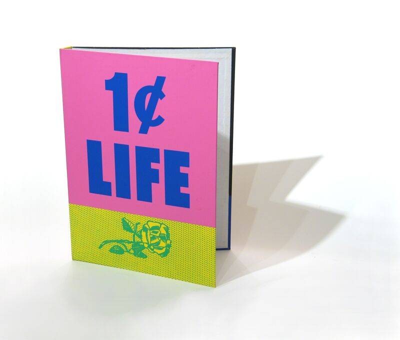 Roy Lichtenstein, ‘One Cent Life ’, 1963-1964, Drawing, Collage or other Work on Paper, (Rose) Screenprint in green over yellow linen and (1 Cent Life) Screenprint in pink over blue lettering on board of unbound book, Woodward Gallery