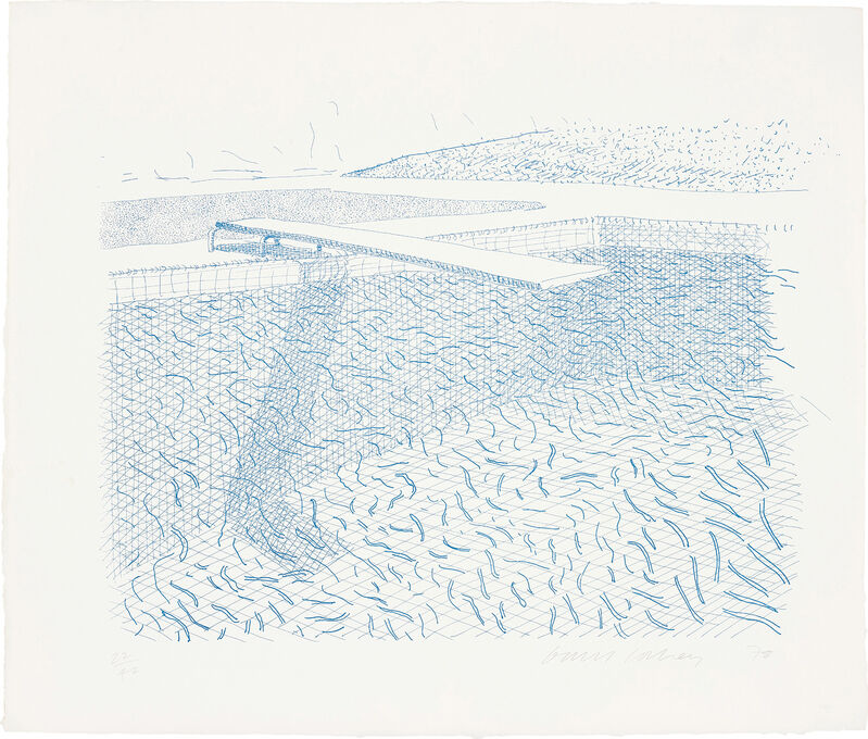 David Hockney, ‘Lithographic Water made of lines’, 1980, Print, Lithograph in cyan blue, on TGL handmade paper, with full margins., Phillips