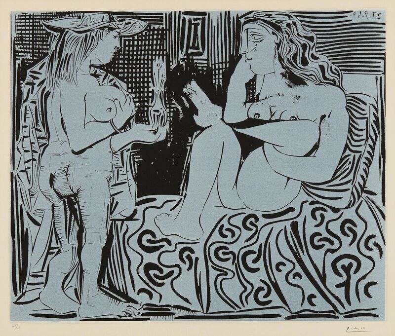 Pablo Picasso, ‘Deux femmes avec un vase à fleurs (Two Women with a Vase of Flowers)’, 1959, Print, Linocut in colors, on Arches paper, with full margins, Phillips