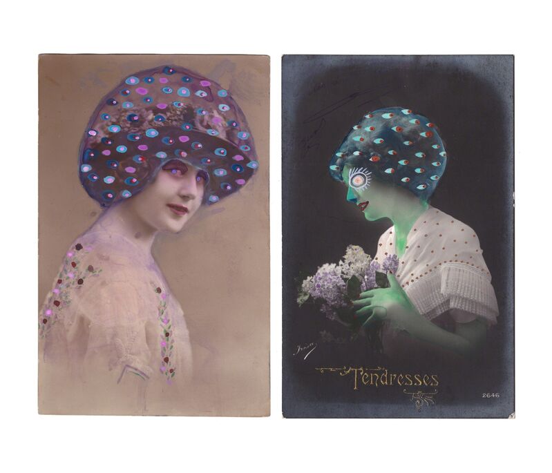Tara Marynowsky, ‘Tendresses’, 2015, Drawing, Collage or other Work on Paper, Watercolor and gouache on 2 vintage postcards c. 1910, Chalk Horse