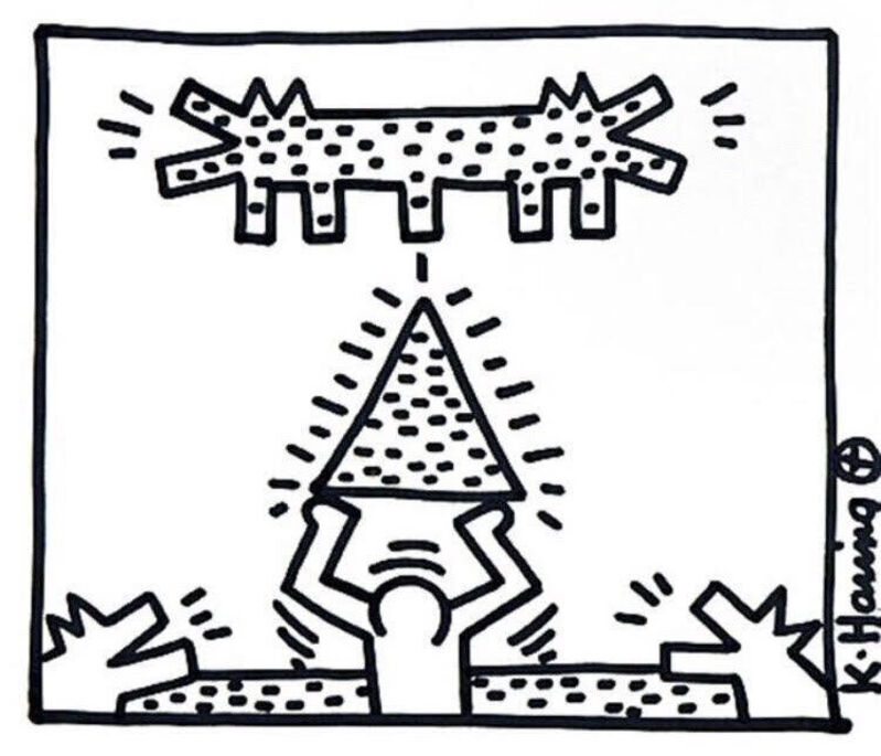Keith Haring, ‘Men, Pyramid, Double Headed Barking Dog’, 1983 , Drawing, Collage or other Work on Paper, Red and Black Marker on paper, Saphira & Ventura Gallery