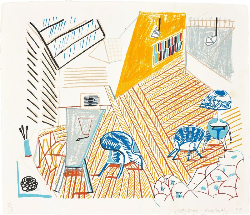 David Hockney, ‘Pembroke Studio with Blue Chairs and Lamp, from The Moving Focus Series’, 1985, Print, Lithograph in colours, on HMP hand-made paper, with full margins, Phillips