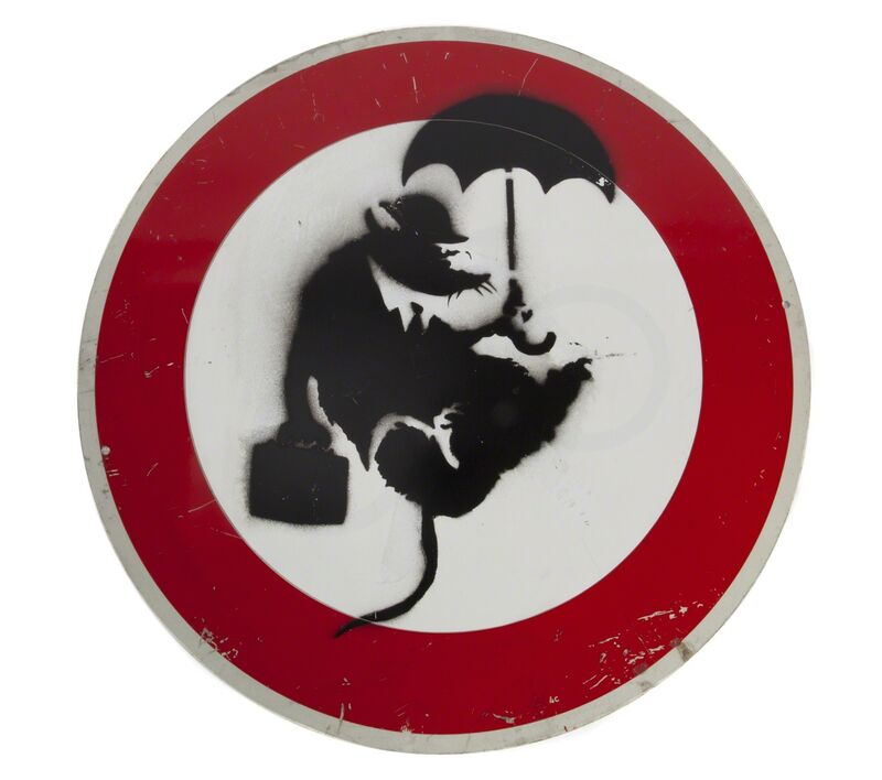 Banksy, ‘Umbrella Rat’, Painting, Aerosol stencil executed on an aluminum street sign from Germany, Julien's Auctions