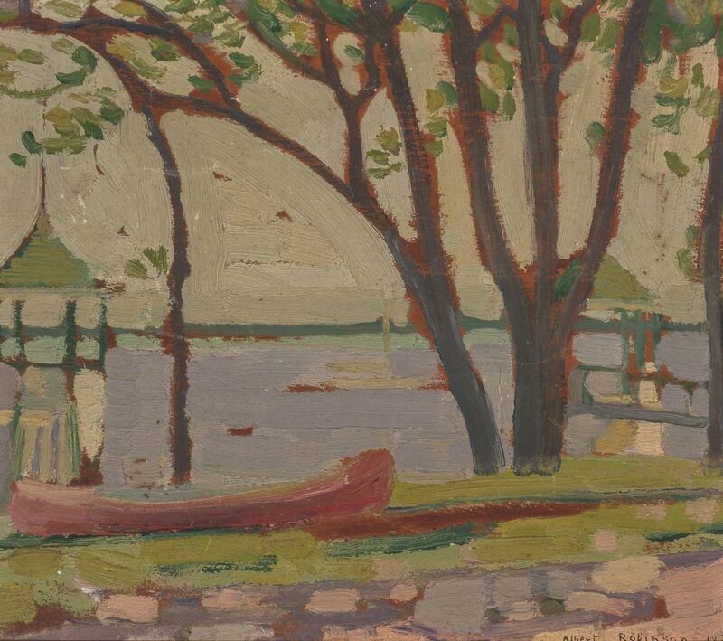 Albert Henry Robinson, ‘The Red Canoe (a double-sided work)’, 1920, Painting, Oil on panel, Doyle