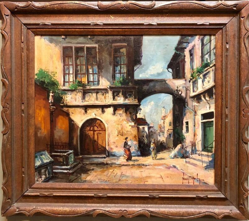 Attila Nagy, ‘Hungarian Oil Painting 'Italian Street Scene' in Carved Frame’, 950, Painting, Canvas, Oil Paint, Lions Gallery