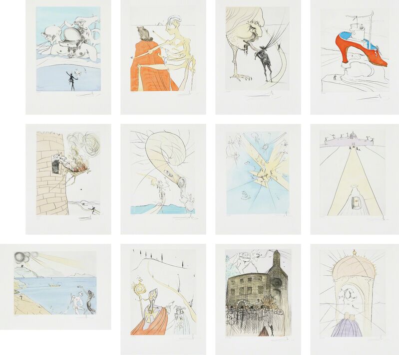 Salvador Dalí, ‘After 50 Years of Surrealism’, 1974, Print, The complete set of 12 drypoints with pochoir in colours, on BFK Rives paper, with full margins, with title page, colophon, original paper folders with text by André Parinaud, and original black linen-covered portfolio with title printed in silver on the spine., Phillips