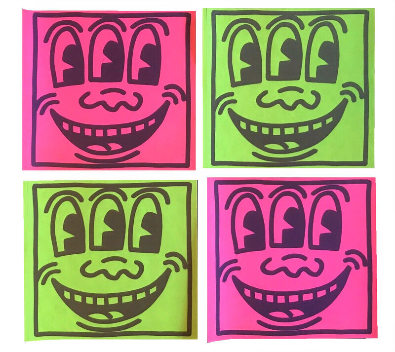 Keith Haring, ‘SET OF 4-  “Three Eyed Smiling”, 1980's, POP Shop NYC, Stickers (unused), Green & Pink Neon , Self-Adhesive (unpeeled),’, 1980's, Ephemera or Merchandise, Self-adhesive (unpeeled), offset-printed stickers, VINCE fine arts/ephemera