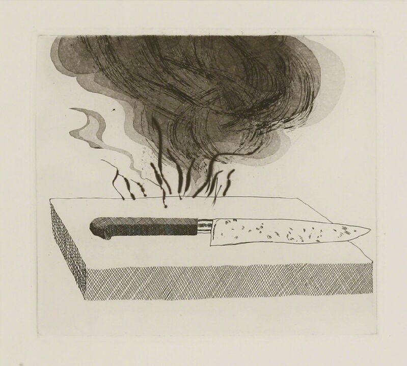 David Hockney, ‘The Carpenter’s Bench, A Knife and Fire (Tokyo 90)’, 1969, Print, Etching and aquatint, Sworders