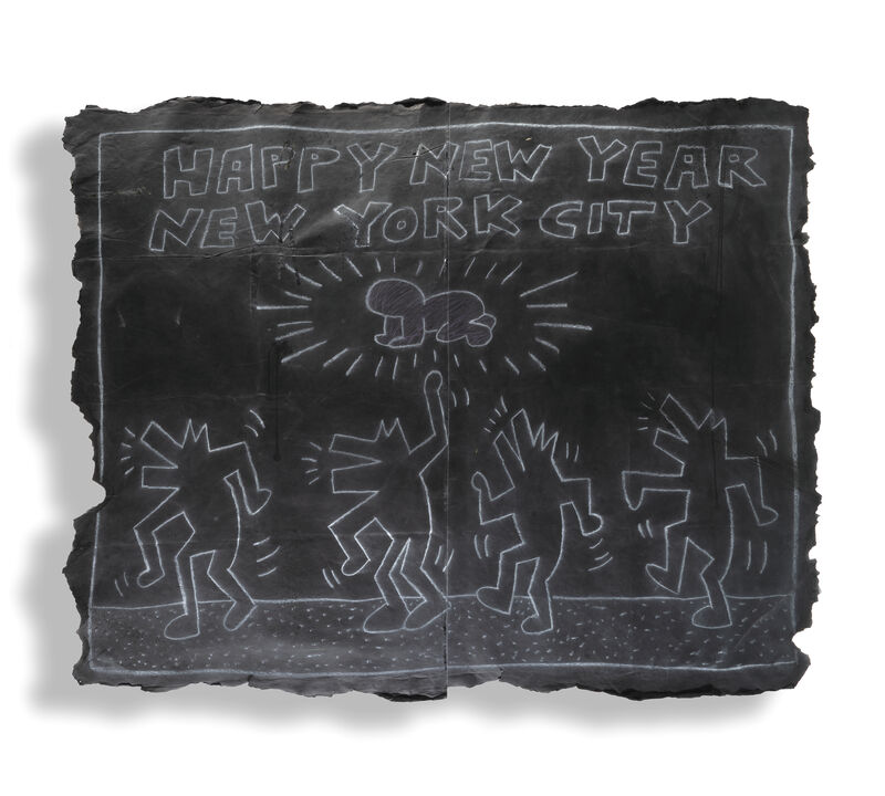 Keith Haring, ‘Happy New Year New York City’, Drawing, Collage or other Work on Paper, Original Subway Drawing, white chalk on black paper, Tate Ward Auctions