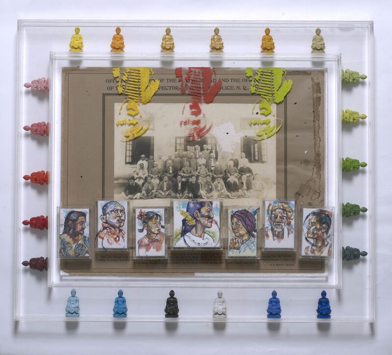 Anurendra Jegadeva, ‘Once We Were Kings’, 2013, Mixed Media, Acrylic on vintage photograph with miniature portraits and painted buddhas in perspex box, Wei-Ling Gallery