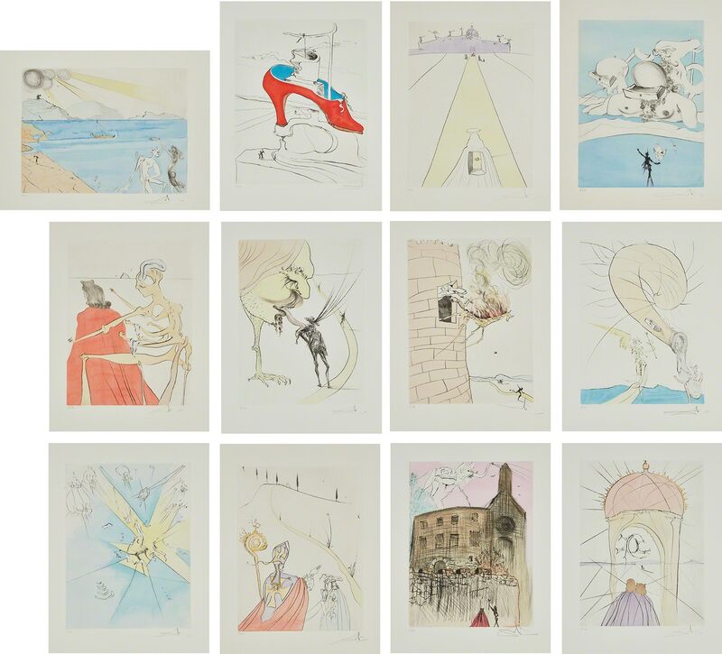 Salvador Dalí, ‘After 50 Years of Surrealism’, 1974, Books and Portfolios, The complete set of 12 drypoints with pochoir in colors, on Rives BFK paper, with full margins, lacking title page, colophon, original paper folders with text by André Parinaud and the original black linen-covered portfolio., Phillips