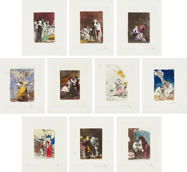 Salvador Dalí, ‘Les Caprices de Goya de Dali (Dali’s ‘Caprichos’ by Goya): 10 plates’, 1977, Print, Ten heliogravures made from Goya's print series (circa 1799 edition) reworked and altered with drypoint and extensive hand-coloring, before Dali's titles and plate numbers were engraved in the plates, on Rives BFK paper, with full margins., Phillips
