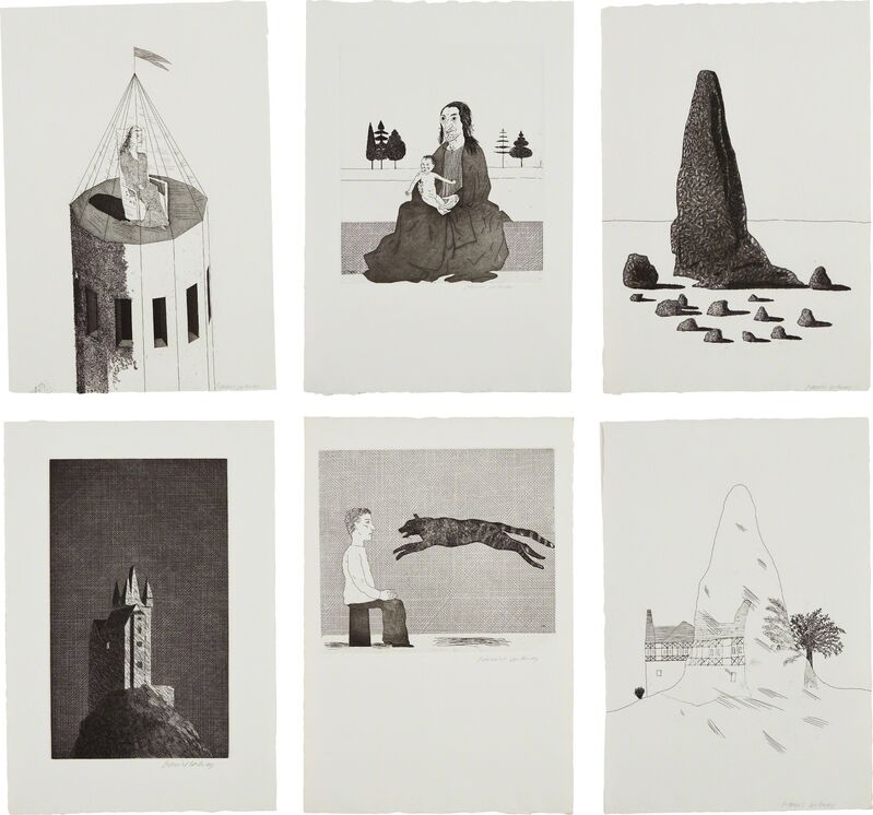 David Hockney, ‘Illustrations for Six Fairytales from the Brothers Grimm’, 1969, Print, The complete set of 45 etchings, including 39 bound and six loose (as issued), on handmade Hodgkinson paper, the full sheets and with full margins, all contained in the original dark blue leather bound portfolio, Phillips