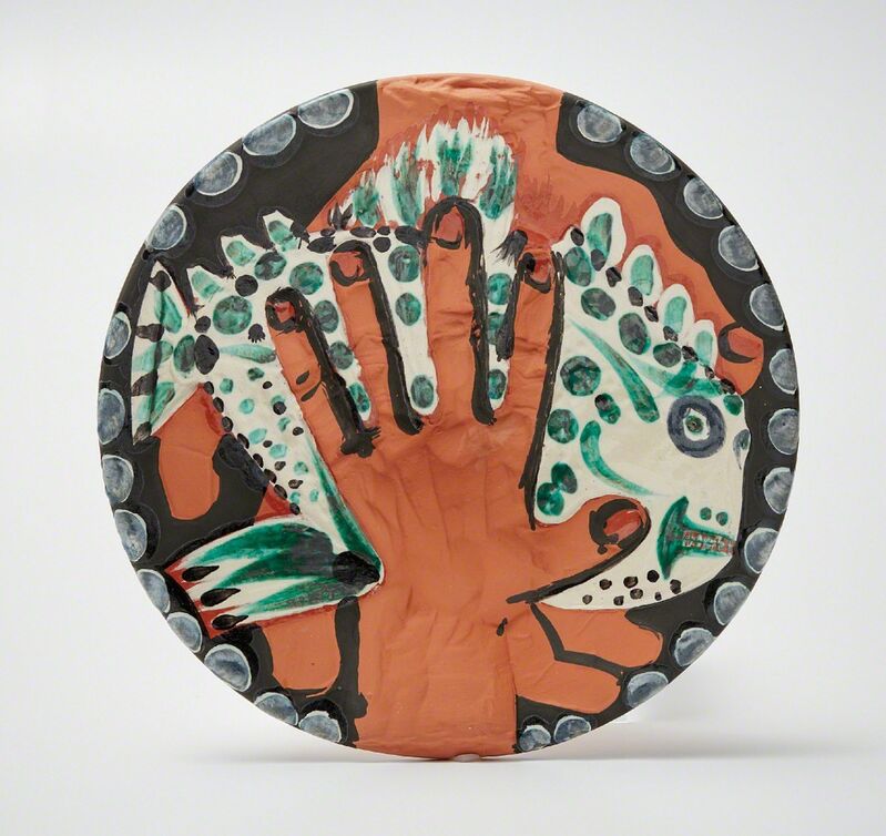 Pablo Picasso, ‘Mains au poisson (Hands with Fish)’, 1953, Print, Red earthenware round dish painted in colors, with engraving and partial brushed glazed, Phillips
