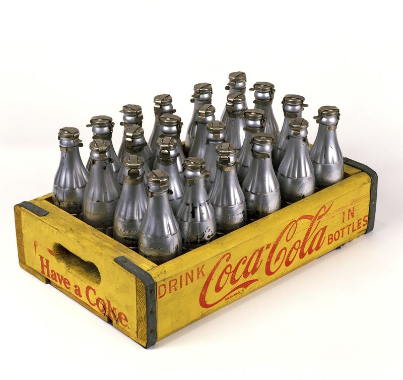 Andy Warhol, ‘You're In ’, 1967, Sculpture, Spray paint on glass bottles in printed wooden crate.  Crate: 20.3 x 43.2 x 30.5 cm
Bottles (each): 20.3 x 5.7 cm
Diameter: 18.7 cm, National Gallery of Victoria 