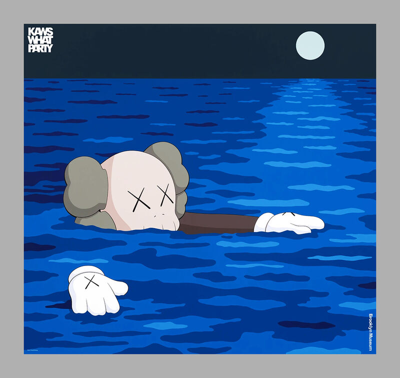KAWS, ‘'What Party: Tide' (framed)’, 2021, Print, Extra large screen print on satin poster paper. Custom mounted and professionally matted and framed in archival materials and UV-plexiglass in black hardwood molding with bright blue fillet., Signari Gallery