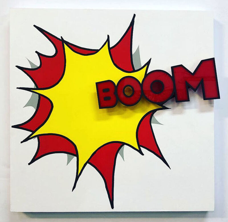 Plastic Jesus, ‘BOOM’, 2019, Sculpture, Stenciled acrylic spray paint. Cut out “Boom” Letters mounted 1/2” above panel., Kalkman Gallery