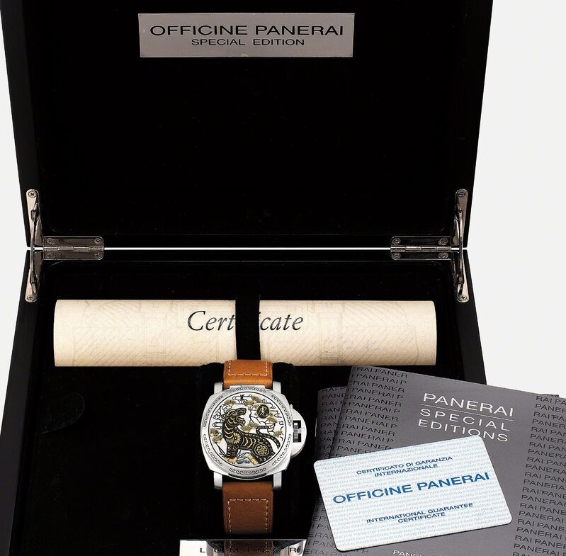 Panerai, ‘An attractive and rare limited edition stainless steel and inlaid gold wristwatch with date and concealed dial made for the year of the tiger, presentation box and international guarantee’, 2009, Fashion Design and Wearable Art, Stainless steel and inlaid gold, Phillips