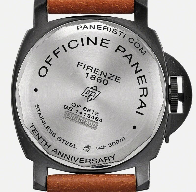 Panerai, ‘A fine and rare limited edition blackened stainless steel wristwatch with certificate, guarantee and presentation box, numbered 38 of a limited edition of 300 pieces’, 2010, Fashion Design and Wearable Art, Stainless steel, Phillips