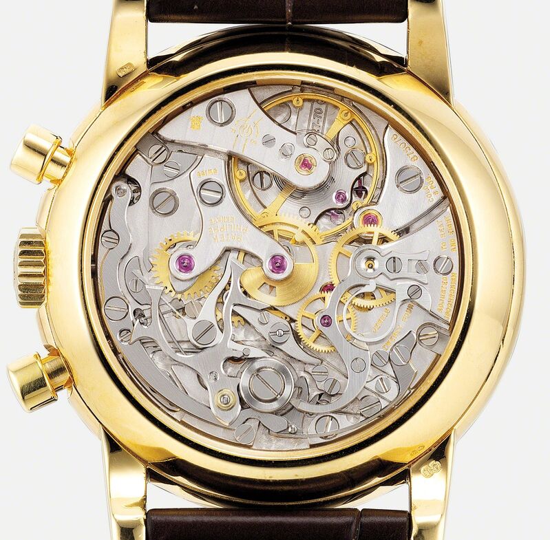 Patek Philippe, ‘A very fine and rare yellow gold perpetual calendar chronograph wristwatch with moon phases, 24 hours, leap year indicator and sapphire crystal case back’, 1987, Fashion Design and Wearable Art, 18K yellow gold, Phillips