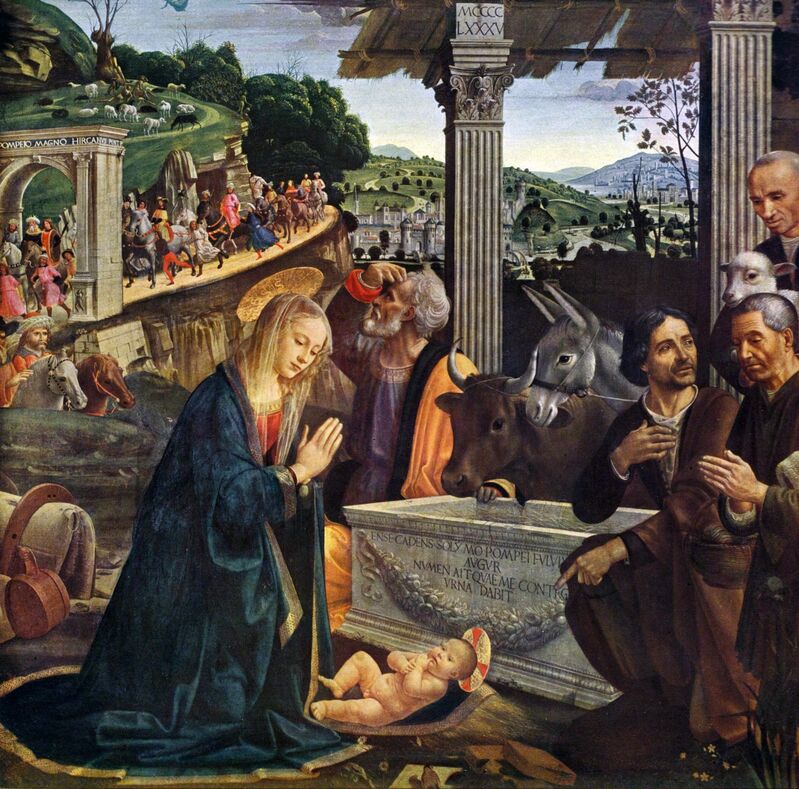 Domenico Ghirlandaio, ‘Nativity and Adoration of the Shepherds, Sassetti Chapel panel, altarpiece’, 1485, Painting, Tempera and oil on panel, Art History 101