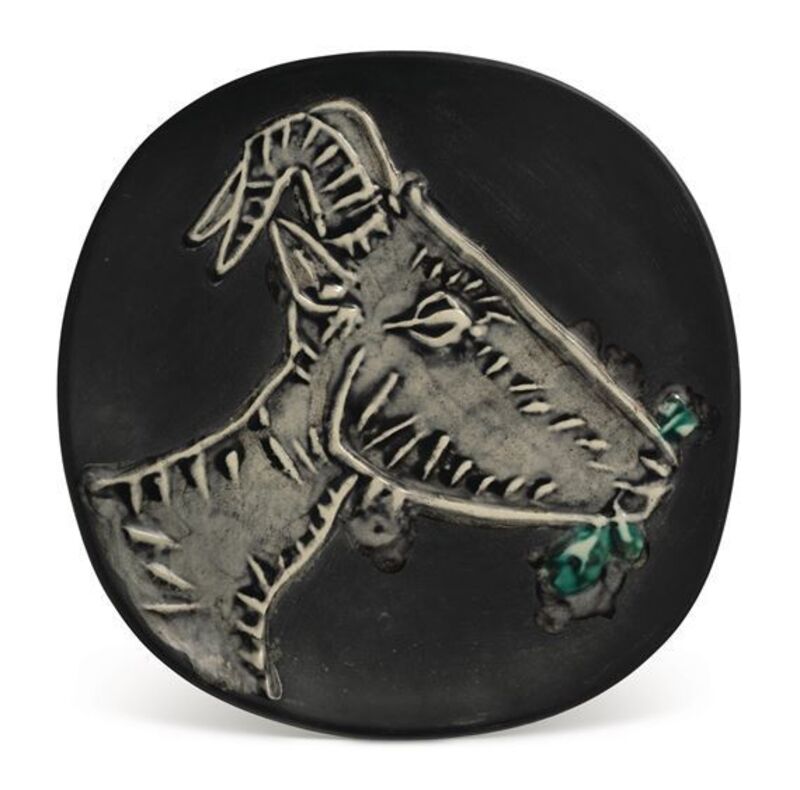 Pablo Picasso, ‘Tête de chèvre de profil’, 1950, Sculpture, Earthenware white plate, decor engobes under partial cover with brush in black and green with black patina., BAILLY GALLERY