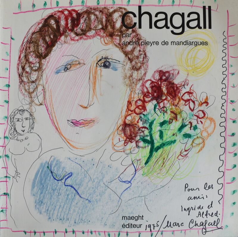 Marc Chagall, ‘The Artist (self-portrait), with Bouquet of Flowers’, 1975, Drawing, Collage or other Work on Paper, Original Signed and Dedicated Drawing in Crayon with Pen and Ink on Paper and Original Colour Lithograph on Paper., Gilden's Art Gallery